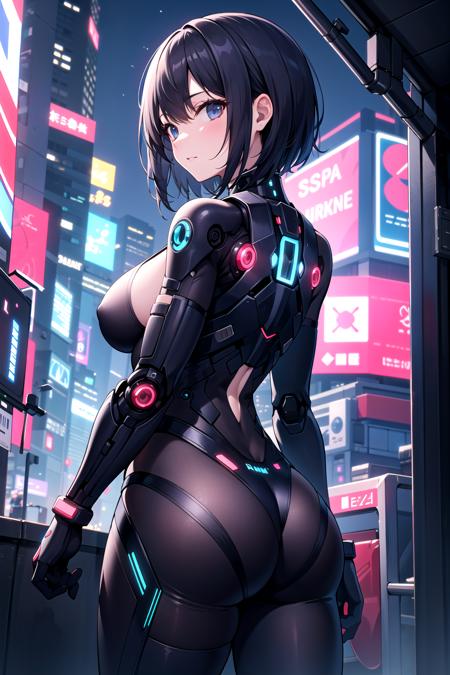 masterpiece, best quality, outdoors, cyberpunk, portrait, from behind, looking back, cyborg, large breasts, close-up, short hair, black hair,