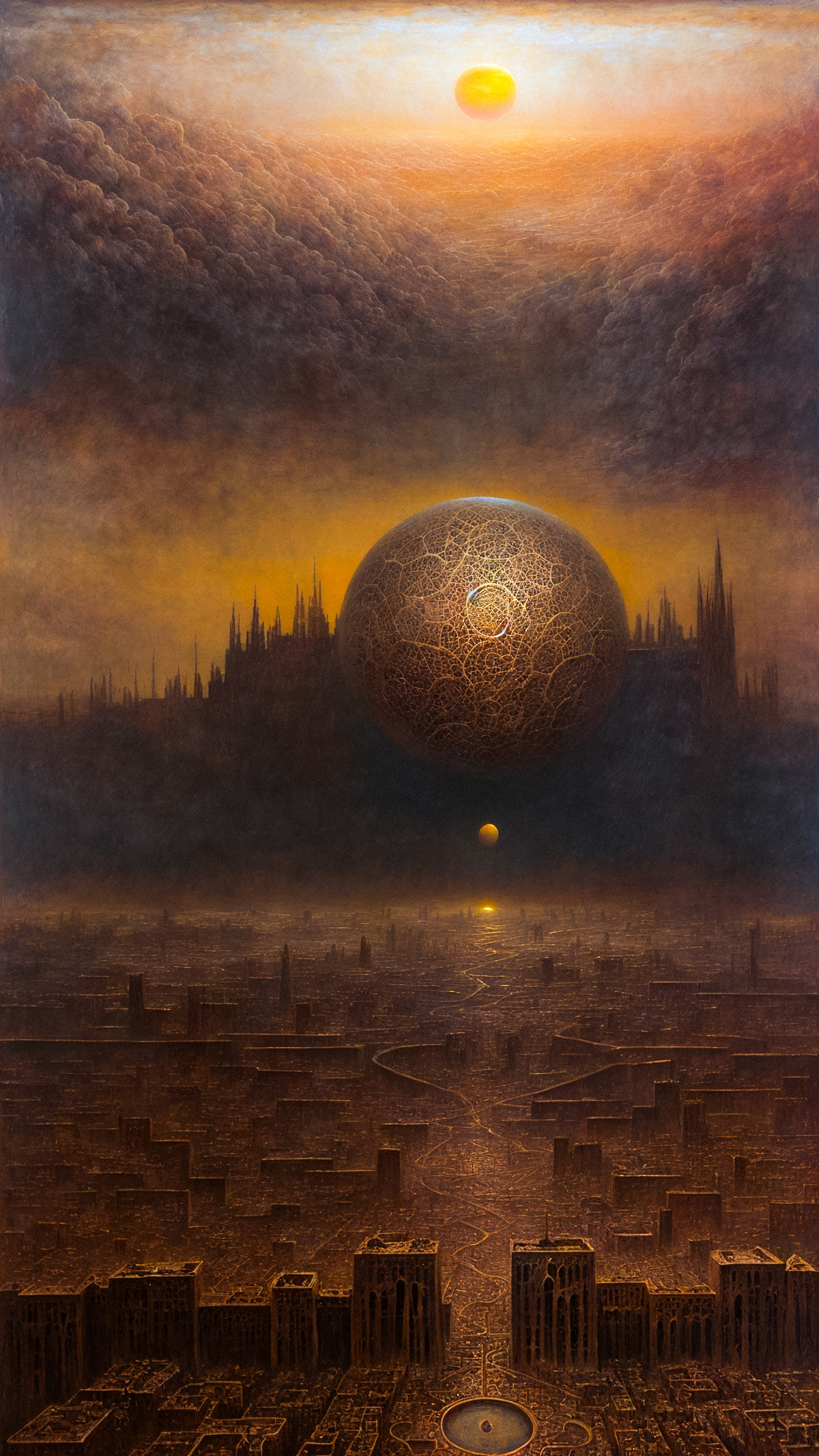 A dark cityscape with a glowing moon and a large, intricate sphere.