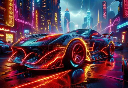 ((90's retrofutursim)), lthndrtrl, psychedelic world 90's collide with a futuristic vision. blend of retro and futuristic aesthetics, futuristic 90's import tuner sports car made of red and golden lightning thunder trails:1.5, Blade Runner spinner, extremely detailed neon lights, red neon lights, driving through a futuristic city street,