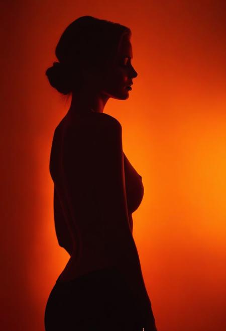 aesthetic photoshoot of woman in silhouette photography, with orange light shadows on her back, with subtle smoke captured in RAW format, allowing for maximum flexibility in post-processing and preserving the highest quality of image data.