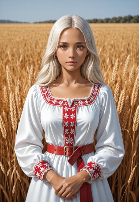 A Slavic Polevitsa. Shoulder-length light hair. Tanned skin. Brown eyes. Straight nose. Pink lips. White traditional Russian dress with red embroidery and red belt. Stands in wheat field. 
(Slavic Polevitsa, traditional Russian dress)
((half body view)), (((cowboy_shot)))
