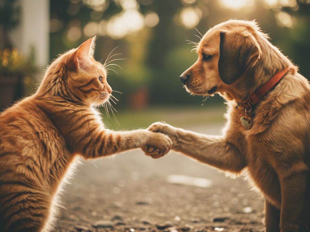 Two dogs shaking hands on a road.