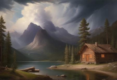 Masterpiece, high-resolution, oil painting, tall mountains, pine forest, log cabin, lake, large thunderstorm clouds in the distance