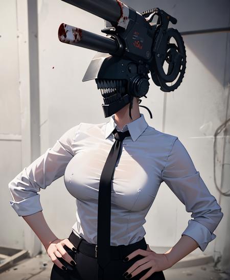 chainsaw_head, 1girl, solo, shirt, medium breasts, white shirt, necktie, collared shirt, pants, hand on hip, blood, black pants, black nails, black necktie, sleeves rolled up, hands on hips, shirt tucked in, chainsaw, <lora:chainsaw_head-10:1>, oval body, birthmarks, big breasts, (masterpiece, best quality, detailed:1.3), enchanting