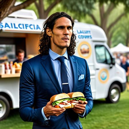 (ultra realistic photo) of cavani (wearing a suit),
(eating a sandwich:1.3), (looking at the viewer:1.1), (standing),
(half-body shot portrait), (next to a detailed food truck),
(in a park full of trees, with detailed people practicing sports, and kids playing),
(soft natural lighting, shadows, high resolution, detailed textures),
masterpiece, (4k, high resolution, detailed, sharp focus)