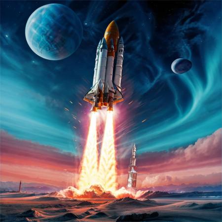 Rocket,  space, planet, no humans, cloud, sky, flying, star_\(sky\), city, science fiction , super-reaslitic, 8k, best quality, moon,  <lora:rocketStart:0.9>