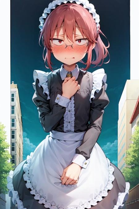 best quality, masterpiece, 1girl, solo, kobayashi \(maidragon\), upper body, wavy mouth, (nose blush:0.8), embarrassed, maid, ponytail, glasses, red eyes, red hair, flat chest, outdoors, small hands, standing, sidelocks, cityscape, night, looking to the side, maid headdress,