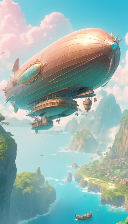 Cinematic scene, hero view, a majestic airship raises over a paradise landscape, action pose, detailed background, masterpiece, best quality, high quality, highres, absurdres, pastel colors <lora:pastel_colors_xl_v1:1>