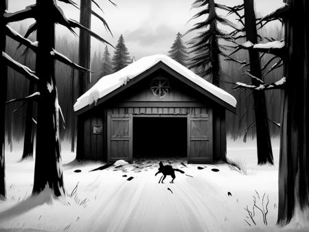 forest edge, ripped to shreds ,garage, blood,  horrors, (TinyBunnyStyle:0.9) , monochrome, art   <lora:Tiny_Bunny:1>