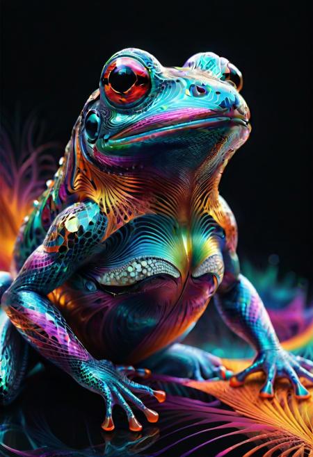 masterpiece,best quality, highly detailed,
fractangles, side angle,
BREAK
frog made of fractangles
BREAK vibrant colors warm_colors, soft focus, high contrast, textured surfaces, depth of field,  dramatic shadows, rich details,