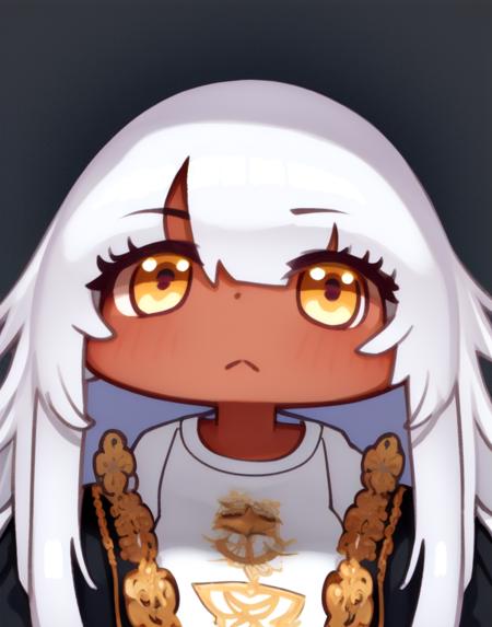 masterpiece, best quality, highly detailed, 1girl, solo, BScon style, white background, cute, chibi, long hair, closed mouth, (dark skin), ((white hair)), masterpiece, best quality, 1girl, solo, ((t-shirt)), very small breasts, ((gold eyes)),