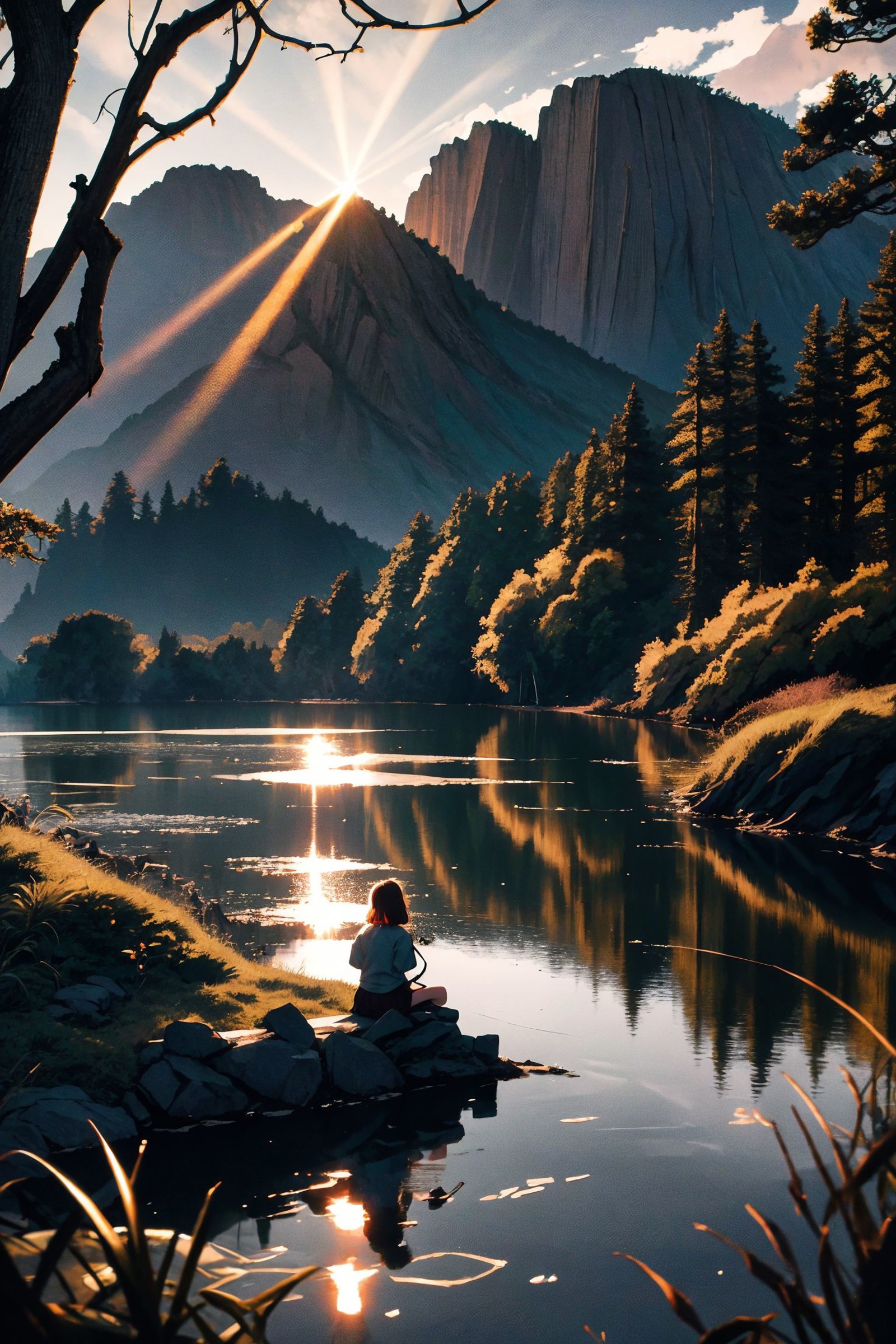 The golden hour lighting up a serene lake in an old,worn village,Ansel Adams style whimsical creatures playing in the gard...