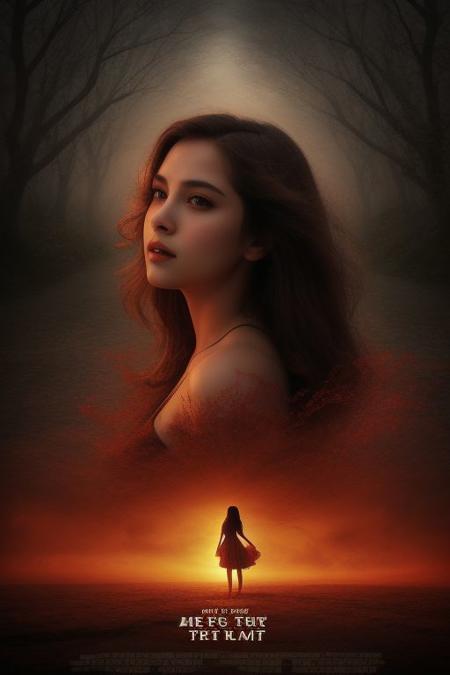 movieposter, Embrace the surreal aesthetic with hyperkraximalism as vibrant hues dance around her figure, evoking the fluidity of water and the gentle sway of leaves. In this medium portrait shot, a soft rim light gently illuminates her silhouette against a backdrop of shadow, casting an enigmatic aura. Surreal and captivating, this artwork invites viewers to explore the boundary between reality and the uncanny, where clouds merge with dreams and colors paint a film grain, closeup, medium shoot, mesmerizing  scene., cinematic Impressionism, masterpiece layout design, cinematic cloud of red smoke font design, movie poster design , 100 shade of Darkness