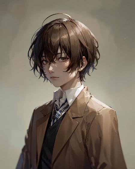 (masterpiece, best quality:1.2), <lora:bsd_atsushi-10:0.7>, upper body, solo, male focus, 1boy, dazai osamu, expressionless, brown jacket, bandages