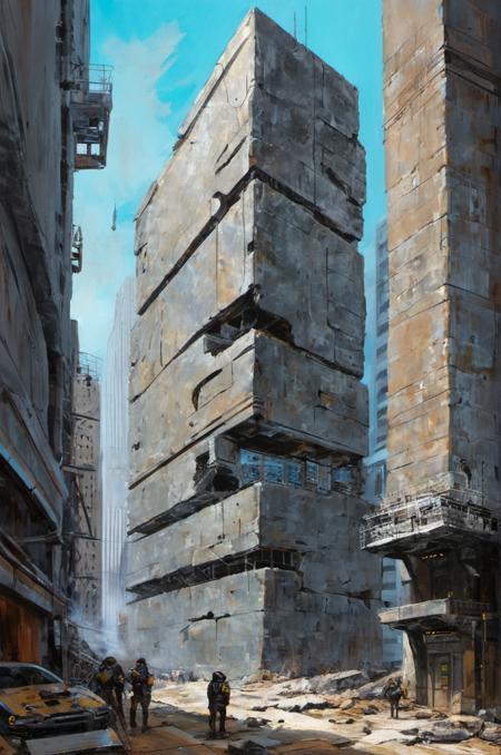 cyberpunk, 
  , <lora:cyberpunk_xl_v1:1>, , <lora:EnvyRoughOilXL01v11-prodigy-batch6:0.7> rough oil painting, anime style, Choppy Layers,, Office Buildings, Conglomerate stone,
science fiction, building, architecture