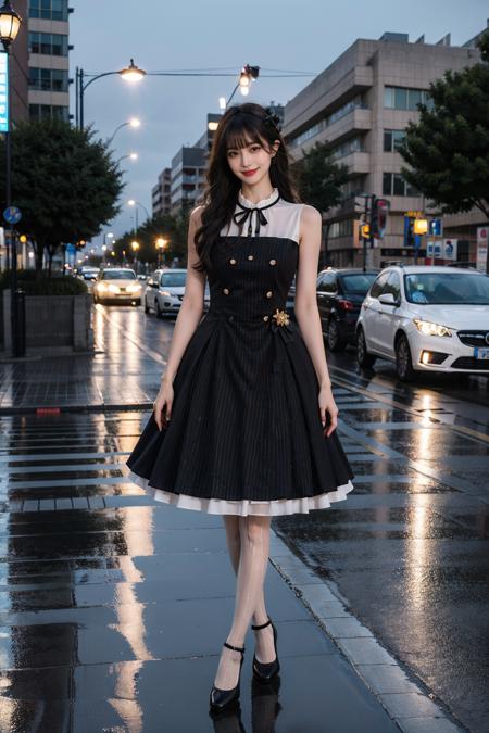 best quality, quality, masterpiece, photorealistic, 1girl, solo, long black hair, blunt bangs, looking at viewer, smile, walking, full body, dating dress, pantyhose, high heels, in street, night, rain, colorful, <lora:dating_attire_style3_v1:0.65>