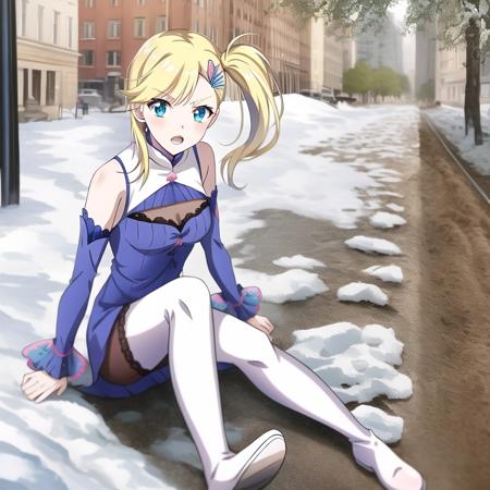 psta <lora:psta_2-000017:1>, outdoors, russian city, real world, dirt, snow, (flooded road:0.1), mud, (intricate details:0.1), masterpiece,best quality,anime,(2d:1.2),
1girl,solo, blonde hair, side ponytail, large breasts, open mouth, cleavage, sitting, blue eyes, hair ornament, long hair, looking at viewer, dress, thigh boots, boots, outdoors, detached sleeves, bare shoulders, white footwear, clenched hands, pantyhose, <lora:reZeroMinerva_v10:1>