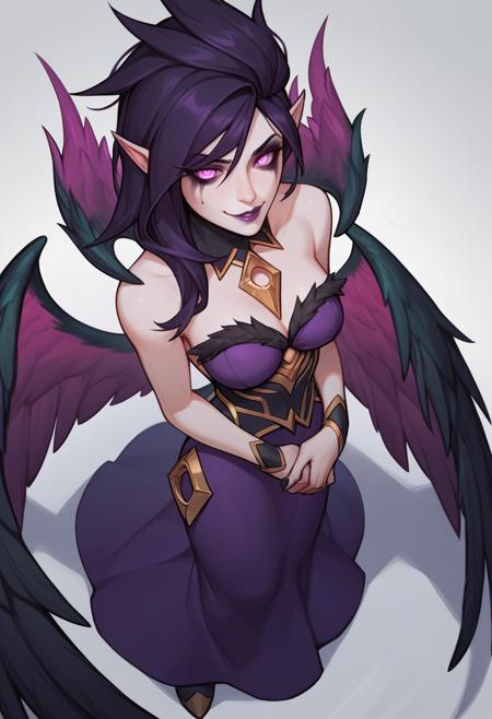 M0rg4n4, morgana, 1girl, purple eyes, pointy ears, makeup, purple lips,long hair, black hair, purple hair