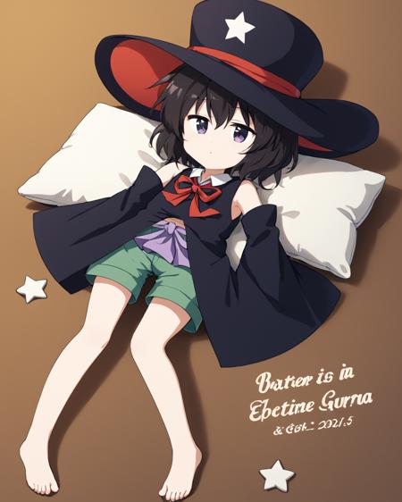 enraku tsubakura, androgynous, solo, large_hat, shorts, sleeping, 1other, hat_removed, bow, on_back, top_hat, detached_sleeves, red_ribbon, pillow, geta, tabi, english_text
<lora:enraku_tsubakura_image217_fp16_2024-01-03:1>,star-shaped_pupils,symbol-shaped_pupils,. gorgeous,key visual, vibrant, studio anime,award-winning, professional, highly detailed,high budget, cinemascope