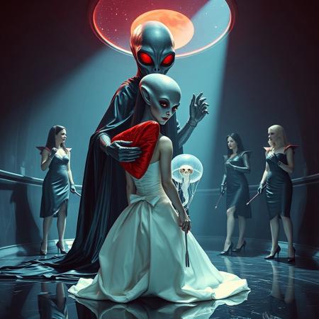 high-society elegant slender norvegian rich innocent young bride  kneeling  weird red glossy foil pillow from behind. She is ensnared by a towering, gray human-like alien, draped in a long, glossy black slime cloak, its eyes gleaming red with an otherworldly intensity.  its hands  putting slime transparent alien jellyfish at her head. Encased in light beam from the alien breeding chamber celling. Surrounded by strict ladies wearing  glossy satin dominatrix attire and glossy high heels,  holding whips.   weird wet-look black slime  walls and floor, colossus observation blister to outer space full of stars, bright red moon, vintage-inspired makeup, long hairs, ultra thin waist, evil grin, porcelain skin, lipstick, red nails, in the style of a haunting, retro-futuristic 1950s sci-fi nightmare, horror, alien space base,,