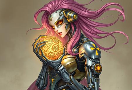 Create an elegant, highly-detailed illustration of a cyborg character inspired by the Raypunk style, incorporating elements of modern occultism and mysticism. The character should be holding a glowing, ornate ball and feature a mix of organic and mechanical components, with a focus on smooth shading and iridescent metals. The color scheme should primarily consist of silver and yellow hues, with accents of verdigris and other muted tones. Include subtle hints of the Plaguefather's influence, such as less prominent tentacles and a sense of mystique. The overall aesthetic should be reminiscent of the works of WLOP and Artgerm, with a focus on creating a masterpiece that would trend on Artstation. The character's hairstyle should be long and pink, flowing elegantly in the wind.
