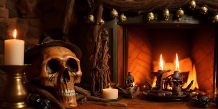 <lyco:witch house_v2.0:1> witch house, sharp, amazing, bokeh, canon dslr, realistic, cauldron, fireplace, skull