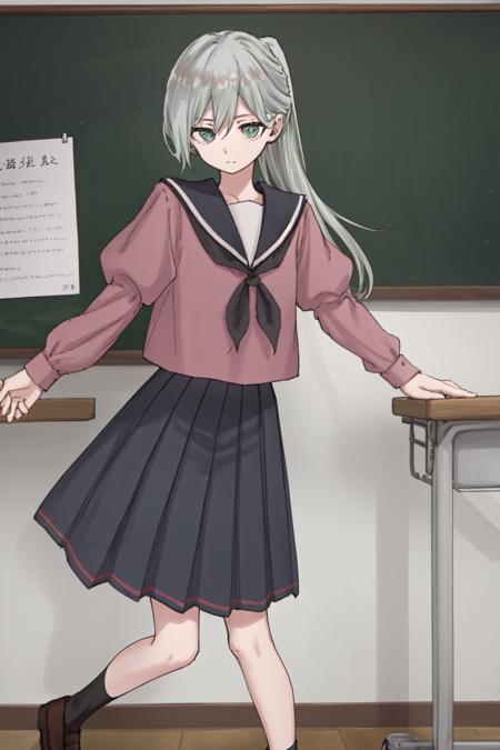 masterpiece, best quality, highres, Sharp focus, dslr photo, HD, UHD, 8K, school, classroom, subaru hoshina, 1girl, solo, long hair, skirt, shirt, long sleeves,   school uniform, ponytail, grey hair, pleated skirt, shoes, serafuku, puffy sleeves, sailor collar, black footwear, neckerchief, brown footwear,  loafers, Leaning back, mimicking a limbo dance <lora:HoshinaSubaruV2:0.85>