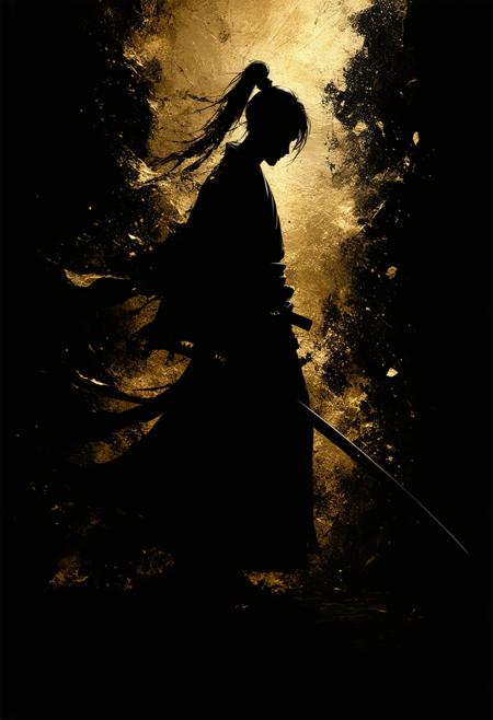 A striking silhouette of a figure poised in a dynamic, almost defensive stance, partially obscured by a shimmering layer of gold foil. The figure is holding Jack's Katana (Samurai Jack), its blade reflecting the light with an ethereal glow. The background is a deep, textured black, creating a dramatic contrast that highlights the silhouette and the katana's presence. The overall impression is one of strength, mystery, and a hint of ancient wisdom. Photorealistic, cinematic lighting, 8k resolution, octane render, volumetric light, inspired by the works of Alphonse Mucha and Yoshitaka Amano, silhouette, katana, gold foil, dramatic, mysterious.