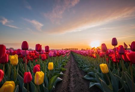 portrait, masterpiece, 4k, ray tracing, intricate details, highly detailed, hyper realistic, 8k RAW editorial photo.
red, pink, yellow, blue, white tulips, the background tulips in the distance with a sunset, dramatic light, shallow depth of field,