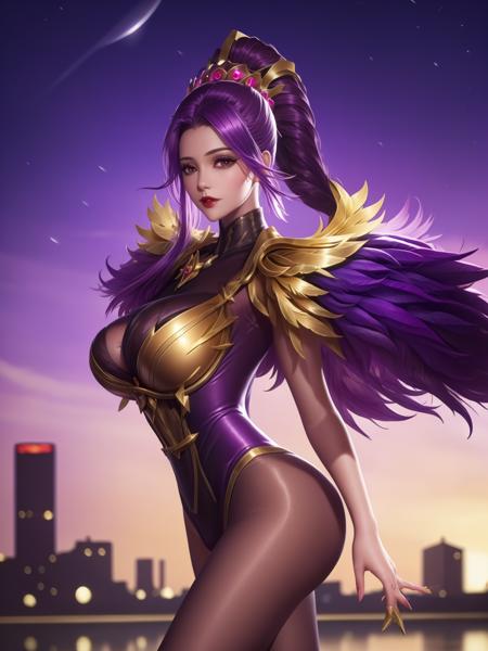 <lora:miyue_20230705150651:0.8>,hair ornament, pantyhose,purple bodysuit, feathers, ponytail, gold trim, cityscape, lake, looking at viewer, jewelry, crown,huge breasts, arms behind back,