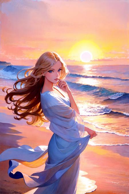 Craft a stunning portrait of a blond woman with light eyes in a coastal setting during the soft glow of sunset. The warm, golden light should play delicately on her hair, creating a halo effect, and illuminate the subtle hues in her eyes. The background should feature a pristine beach with gently rolling waves, the sun dipping below the horizon, and the sky painted in warm pastel tones. The woman, dressed in elegant but relaxed beach attire, should exude a sense of serenity and connection with the tranquil coastal atmosphere. Pay meticulous attention to capturing the fine details of her hair strands, eye color, and the textures of her surroundings, creating an image so lifelike that it mirrors the enchantment of a serene coastal evening