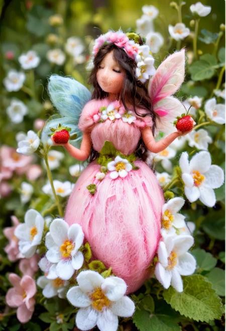 a beautiful fairy holding a strawberry,pastel colors,beautiful face and make up,magic garden with colorful flowers,highly detailed, sharp focus, studio photo, highly detailed, dynamic shot, masterpiece, intricate, hdr, cinematic shot