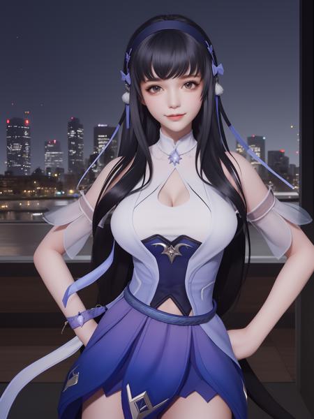 <lora:WZRYxishiYP:0.75>,WZRYxishiYP, 1girl, solo, long hair, black hair, looking at viewer,dress, hair ornament,bangs, bare shoulders,elbow pads,ribbon,hairband,cityscape, night,mature female, light smile, hand on hip, belt,window,