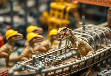 A masterpiece tilt-shift scene, photogenic soft lighting, an extremely detailed diorama photograph with vivid natural colors, showing a bunch of T-rexes dinosaurs building a metal ship at a shipyard 
Each T-rex is wearing a yellow construction helmet, and they are using their stubby little dinosaur arms to operate the heavy machinery required to build the ship, the ship is still in the early stages of construction consisting of nothing but a structure made from curved metal beams that form the skeleton of the ship, bokeh, depth of field.
4K digital photo quality, bokeh, vivid rich colors, depth of field, extremely detailed background, maximalist, life-like masterpiece realistic photo, hyper-realism, photogenic soft atmosphere, dynamic scene, absurdres, 8k photography, three point perspective, Ultra-realistic, extreme amount of details thay mimic richness of real life