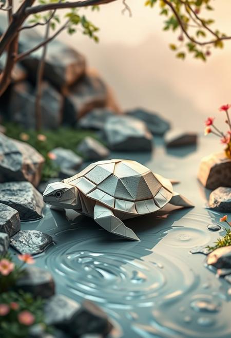 "Hyper-realistic, intricately detailed depiction of a serene origami turtle, crafted from delicate, folded paper, sitting beside a gentle, babbling brook. The turtle's shell, made from intricately folded origami squares, glistens with a soft, paper-like texture, while its eyes, created from tiny, folded paper dots, seem to gaze out at the peaceful scene. The brook, also crafted from origami, flows with delicate, paper-like ripples, its gentle song filling the air. The surrounding landscape, including the trees, rocks, and flowers, is all made from origami, creating a breathtakingly detailed and realistic scene. Style: hyper-realistic, highly detailed, and richly textured, with a focus on capturing the intricate, paper-like beauty of the origami turtle and its surroundings."