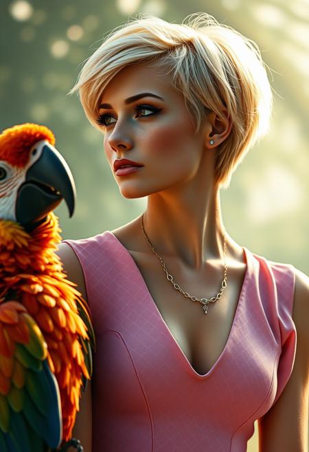 model, 1960s makeup, and freckles, short blonde pixie cut, wearing a geometric-patterned pink dress with a deep V-neck, gazes sadly away from a soft-lit, riding a giant parrot