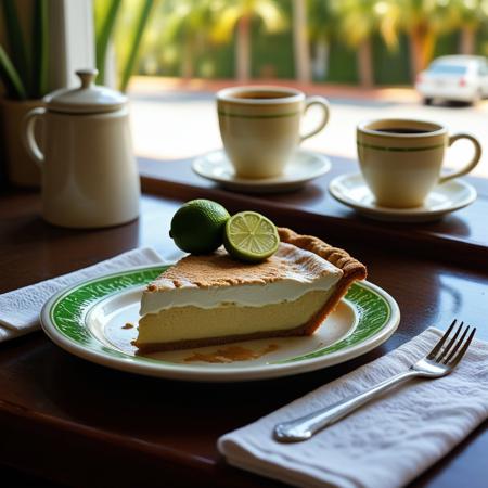 "Cuban coffee and key lime pie": Create a mouthwatering hyperrealistic still life that fuses Roberto Bernardi's precise detail, Doug Bloodworth's nostalgic Americana, and Cheryl Kelley's glossy reflections. Center the composition on a classic diner table featuring a slice of key lime pie on a retro ceramic plate, alongside a small cup of Cuban coffee. Capture Bernardi's meticulous attention to texture in the pie's graham cracker crust and the coffee's crema. Incorporate Bloodworth's nostalgic touch with vintage diner elements like a chrome napkin holder or a classic sugar dispenser. Apply Kelley's mastery of reflections to the ceramic cup and plate, showcasing distorted reflections of the surrounding scene. Include subtle Floridian touches like a palm frond shadow or a glimpse of art deco architecture through a window.
midjourneyv6.1, detailmaximizer, aidmaMJ6.1, flux-style
