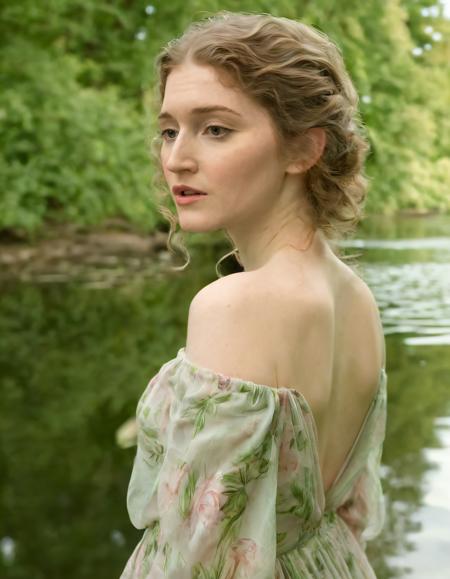 Captured in an ethereal moment, Emily FitzGerald, a beautiful and youthful woman with her hair cascading down her back, parting her soft pink lips while gazing into the distance, dons a flowing dress of warm beige hues, embodying pure elegance in a picturesque lakeside setting as green trees sway gracefully above reflective waters. <lora:vjqynp18e87af2655m699:1>