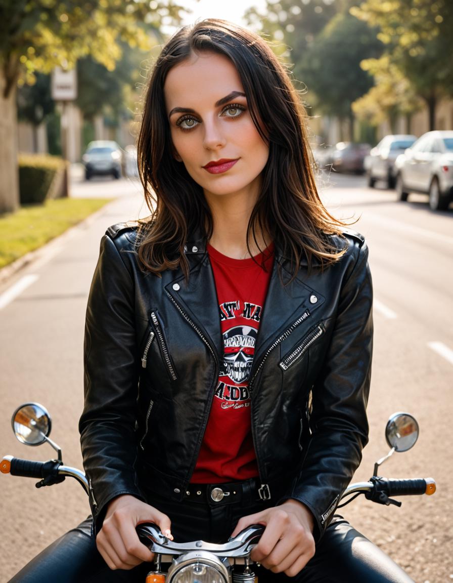 <lora:m1r4mur4t1_Pony_SGX:0.9>,(medium closeup) photograph of (beautiful 25 year old) (m1r4mur4t1:1.2) woman with dark hair,in a motorcycle gang,wearing a (black leather jacket with word 'civitai') over a (red shirt and black pants:1.1),sitting on a (harley davidson chopper motorcycle),in front of a biker bar, with motorcycles parked in the background,face focus,(bokeh),facing viewer,score_9,score_8_up,source_photo,rich details,clear shadows and highlights,realistic,intense,highly detailed,front view,face_focus,looking_at_viewer,