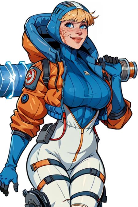 masterpiece,best quality,extreme detail,8k,white background,<lora:wattson:0.8>,wattson,1girl,solo,breasts,smile,bangs,blue eyes,blonde hair,gloves,medium breasts,jacket,hood,bodysuit,thigh strap,scar,hooded jacket,scar on face,blue headwear,blue gloves,electricity,cable,open hand,animification,scar on cheek,white bodysuit,blue bodysuit,open hands,orange jacket,ribbed bodysuit,hooded bodysuit,