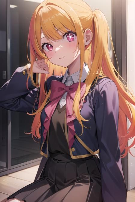 rubyhoshino, <lyco:rubyhoshino-lyco-nochekaiser:1>, 
ruby hoshino, (yellow hair:1.5), long hair, one side up, (pink eyes:1.5), sidelocks, (star-shaped pupils:1.5), (symbol-shaped pupils:1.5), (mismatched pupils:1.5),
BREAK black vest, blue jacket, bow, bowtie, collared shirt, cropped jacket, jacket, kneehighs, long sleeves, pink bow, pink bowtie, pleated skirt, school uniform, shirt, skirt, socks, vest, white shirt, white socks, youtou high school uniform,
BREAK looking at viewer,
BREAK indoors, classroom,
BREAK <lyco:GoodHands-beta2:1>, (masterpiece:1.2), best quality, high resolution, unity 8k wallpaper, (illustration:0.8), (beautiful detailed eyes:1.6), extremely detailed face, perfect lighting, extremely detailed CG, (perfect hands, perfect anatomy),