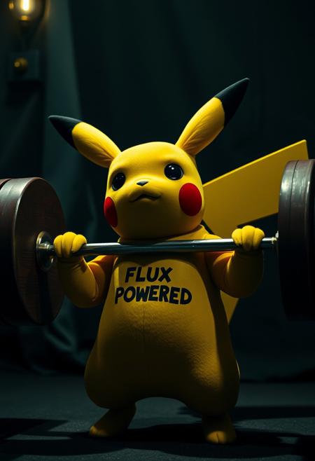 Pokemon Pikachu lifts a huge 100 ton barbell, the size of a rock, he's pumped up, he's got super muscles, super muscles, a huge strong chest, strong legs and arms. He has "FLUX POWERED" written on his chest.
it, moody, mysterious, extravagant, ornate, designer, opulent, picturesque, lavish, RAW candid cinema, 16mm, color graded portra 400 film, remarkable color, ultra realistic, textured skin, remarkable detailed pupils, realistic dull skin noise, visible skin detail, skin fuzz, dry skin, shot with cinematic camera