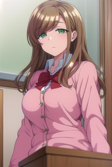 minakosanada, <lyco:minakosanada-lyco-nochekaiser:1>, 
minako sanada, long hair, brown hair, (green eyes:1.5),
BREAK long sleeves, bow, school uniform, bowtie, red bow, cardigan, pink cardigan,
BREAK looking at viewer,
BREAK indoors, classroom,
BREAK <lora:GoodHands-vanilla:1>, (masterpiece:1.2), best quality, high resolution, unity 8k wallpaper, (illustration:0.8), (beautiful detailed eyes:1.6), extremely detailed face, perfect lighting, extremely detailed CG, (perfect hands, perfect anatomy),