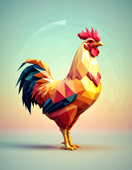 polygon style, low-poly animal, angular shape, 
geometric rooster, 
clean polygon edges, symmetrical design, digital art, 
 <lora:Polygon_Lora_XL:1>
polygonal sunset background, stylized trees, geometric leaves, minimal mist