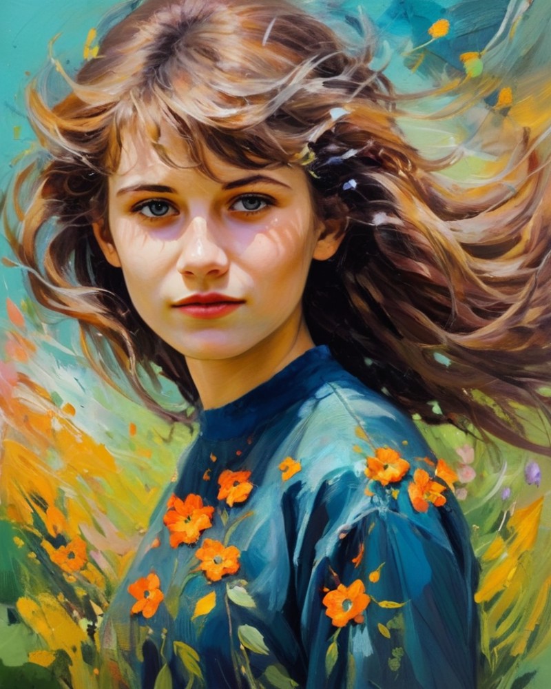 expressionist painting  of a beautifully girl 18 yo, windy hair, mystically adorned with the random splashes of flora . en...