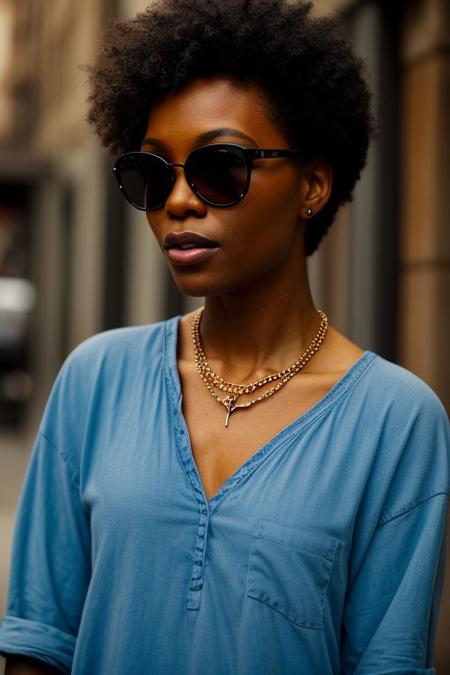 model black woman with sunglasse, neckless , tattoo