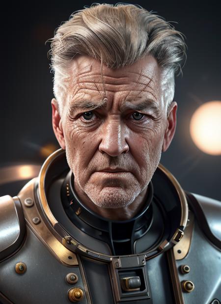 timeless style,  masterpiece, best quality, 8k, artstation, sharp focus, ultrarealistic, high details, raw photo portrait of dl1, man, masculine, (grey hair) (retro pulp fiction 1930s space suit) with (steampunk cyborg enhancements to half robot face), perfect face, perfect eyes, volumetric lighting, depth of field, cinematic lighting, 
 <lora:DavidLynch-10:0.8>