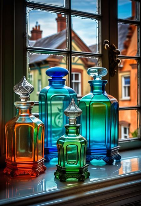 Classic photography, sculpture in Art Noveau style, realistic, photografic, perfume glass collection, right angles, translucent, blue, green and orange, vibrant colors, classic labels, detailled, in a vintage bathroom, near a window, in a old victorian house, perfect composition, perfect geometry, masterpiece