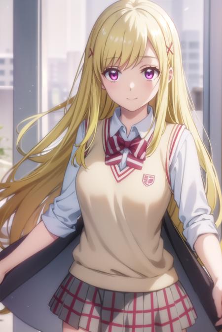 urarashiraishi, <lora:urara shiraishi s1-lora-nochekaiser:1>,
urara shiraishi, long hair, blonde hair, (pink eyes:1.3), hair clip, x hair ornament, smile,
BREAK skirt, bow, school uniform, jacket, plaid, plaid skirt, sweater vest, shirt, white shirt, collared shirt,
BREAK indoors, classroom,
BREAK looking at viewer,
BREAK <lyco:GoodHands-beta2:1>, (masterpiece:1.2), best quality, high resolution, unity 8k wallpaper, (illustration:0.8), (beautiful detailed eyes:1.6), extremely detailed face, perfect lighting, extremely detailed CG, (perfect hands, perfect anatomy),