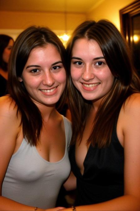 2 young drunk women together, (2girls), sorority party, acting like lesbians, close together, hard shadows, house party